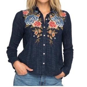 Johnny Was Forest Velvet Mix Button Down Top Size Large